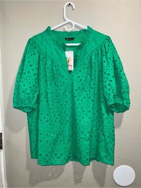 PRETTYGARDEN Green Eyelet Lace Puff Sleeve Blouse NWT XXL Boho Ruffle Neck